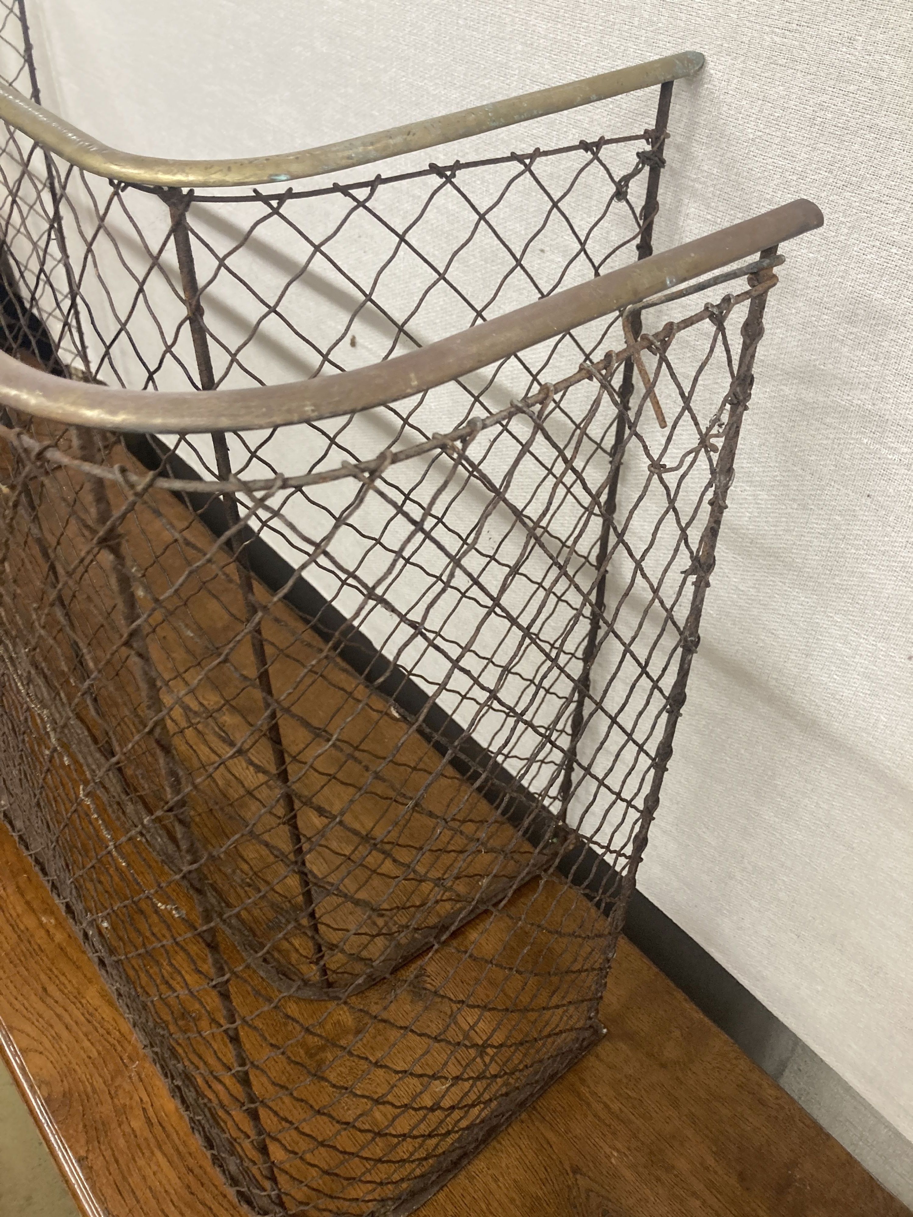 Two Victorian brass mounted mesh spark guards, larger width 120cm, depth 30cm, height 69cm